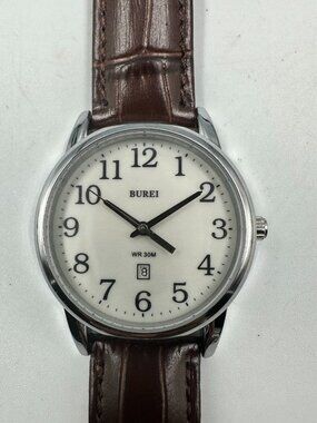 Burei Watch Men Silver Tone White Dial 35MM Brown Leather Band New Battery 9"